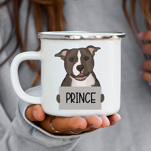 A white enamel mug with a printed image of a Staffordshire Bull Terrier dog and the name 'Prince' below it.