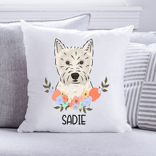 A square-shaped, white cushion with a printed image of a West Highland Terrier dog surrounded by a floral pattern. The cushion has the name 'Sadie' printed on it.