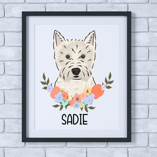 A personalised dog print featuring an illustration of a West Highland Terrier with a floral border, framed in a white frame, with the name 'Sadie' at the bottom.