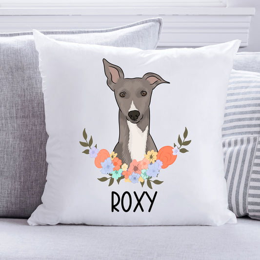 A square-shaped cushion with a personalised design featuring an illustration of a Whippet dog with a floral pattern around it.