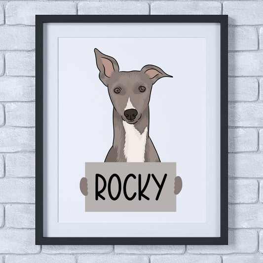 A cartoon-style illustration of a dog with the name 'Rocky' written on a sign it is holding.