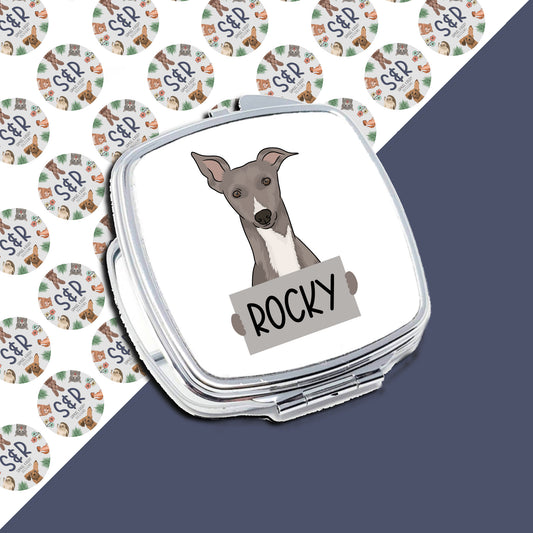 A personalised compact mirror with an illustration of a whippet dog and the name 'Rocky' written on the front.
